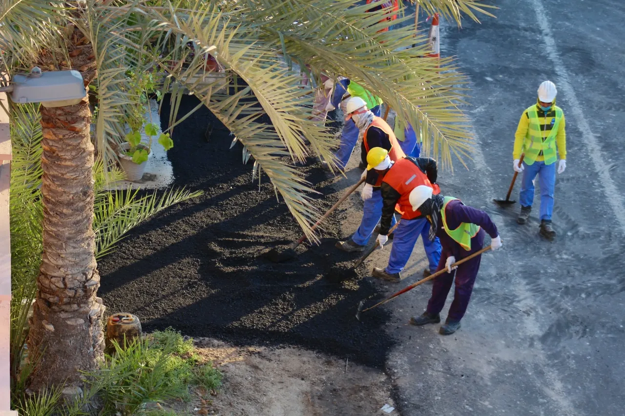 A road crew in hard hats and high-visibility vests spreading fresh asphalt beside palm trees